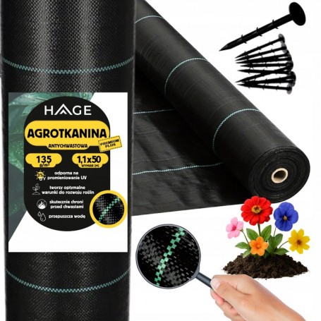 AGROWŁÓKNINA 135G 1,1x50m CZARNA UV AGROTKANINA MATA ANTYCHWASTOWA + KOTWY